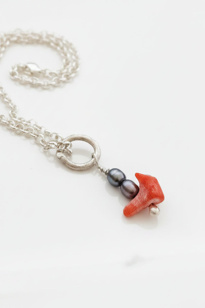 Vintage coral and two dark pearl sterling silver pendant on chain, handmade OOAK jewelry