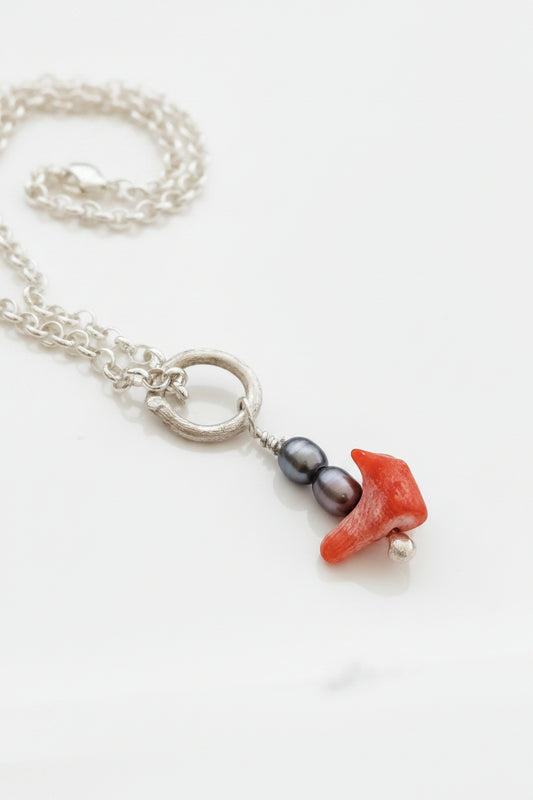 Vintage coral and two dark pearl sterling silver pendant on chain, handmade OOAK jewelry