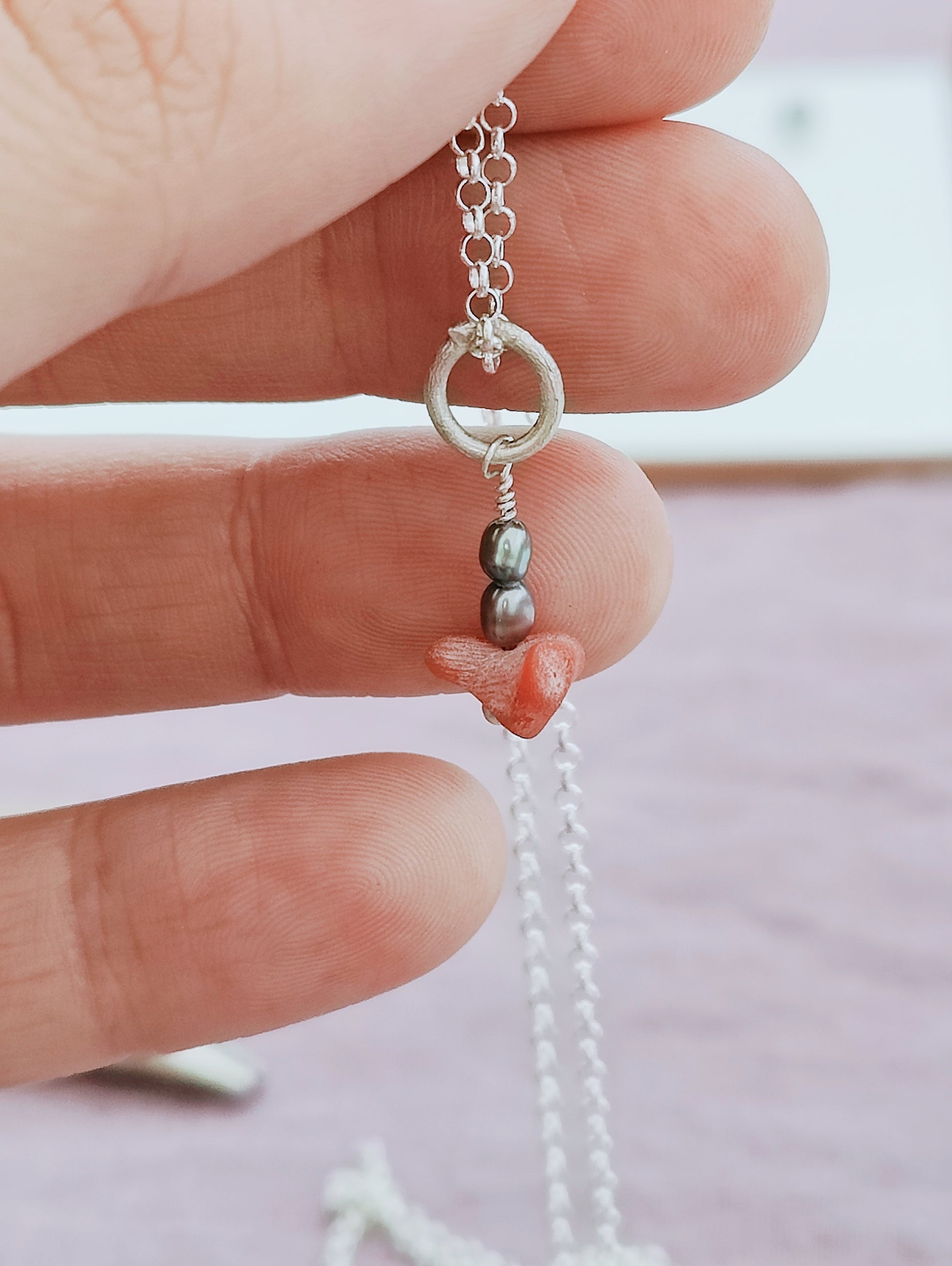 Small vintage coral pendant with two dark pearls, unique handmade sterling silver jewelry